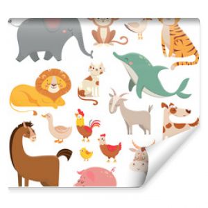 Child cartoons elephant, gull, dolphin, wild animal. Pet, farm and jungle animals vector cartoon illustration collection