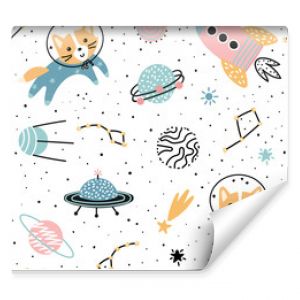 Cosmic seamless pattern with cute foxes