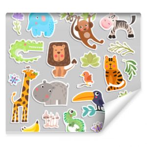 Cute set of stickers of safari animals and flowers. Savanna and safari funny cartoon sticker animals. Jungle animals vector set of sticker elements. Crocodile, giraffe, lion and monkey, and other