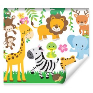 Ilustracja wektorowa uroczych zwierząt safari, w tym lew tygrys słoń małpa zebra żyrafa jeleń wąż i jeż