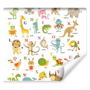 Cute vector cartoon baby animals  english alphabet on white background. Vector illustration for kids education,  language study. Children pattern with animals and letters.