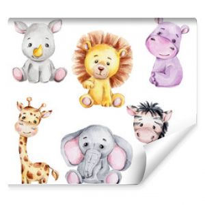 Set with cute cartoon giraffe, zebra, rhinoceros, elephant, hippopotamus and lion  watercolor hand draw illustration  with white isolated background