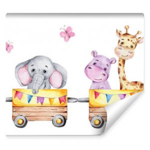 Animowany pociąg z woźnicą lwa i nosorożcem słoniem, hipopotamem, żyrafą i zebrą na wozach akwarela ręcznie rysowane ilustrati