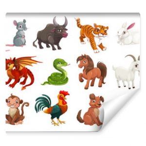 Chinese Lunar New Year animals, zodiac horoscope cartoon vector characters. Cute rat or mouse, dragon and pig, dog, tiger, rooster or chicken, horse, snake, monkey, ox, rabbit, goat or sheep signs