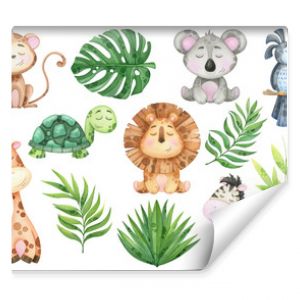big watercolor set of tropical animals and leaves on white background
