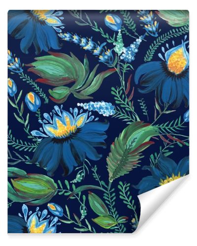 Floral seamless pattern in Ukrainian folk painting style Petrykivka. Hand drawn fantasy flowers, leaves, branches isolated on a dark indigo blue background