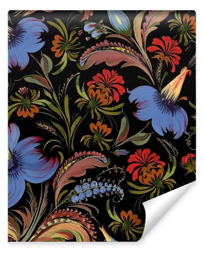 Floral seamless pattern in Ukrainian folk painting style Petrykivka. Blue and red  flowers and green brown leaves isolated on a black background