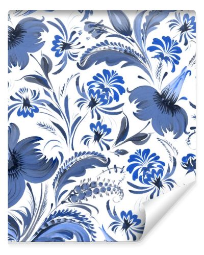 Floral seamless pattern in Ukrainian folk painting style Petrykivka. Blue flowers and leaves isolated on a white background