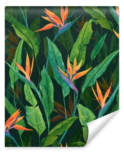 Seamless floral pattern with herbaceous plant of strelitzia. Watercolor illustration of plant of bird-of-paradis. For fabric, textile, wrapping paper, cover, package. Flowers and tropical leaves.