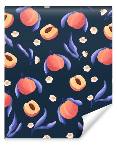 Seamless pattern with hand drawn peaches and floral elements. Fruit and floral design in bright colors. Colorful illustration.