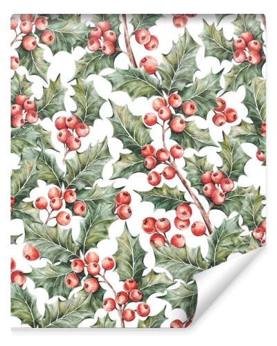 Watercolor Traditional Seamless Christmas Pattern With Holly Plant