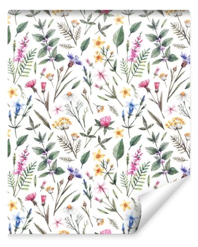 Botanical seamless pattern with watercolor wild flowers. Watercolor background with daisies, mint, bells, lungwort and other wildflowers. Beautiful background for invitations, fabrics, wallpapers, paper and other purposes.