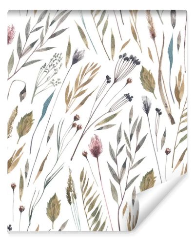 Seamless watercolor pattern with dry meadow plants hand drawn in herbarium style. Wild herbs and ears of corn seamless background. Autumn pattern.