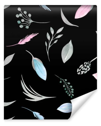 Seamless pattern of floral elements. Pink and blue tulips, spring greenery, foliage, branches on a black background