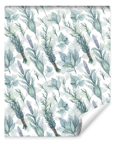 Light watercolor pattern with herbs. Hand-drawn background. Edible herbs and leaves, rosemary, parsley, basil. Texture for design, textiles, decoration, wallpaper, scrapbooking, wrapping paper, fabric