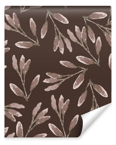 WATERCOLOR ILLUSTRATION SEAMLESS PATTERN,BRANCHES WITH ELONGATED OBLONG LEAVES ON A DARK BACKGROUND