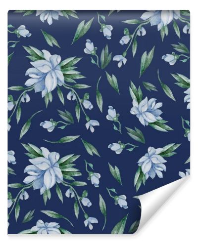 Seamless patterns. Blue flowers, buds and leaves on a dark blue background. Watercolor. Floral Patterns For holiday designs, decor, packaging, textiles and wallpaper. Hand drawing
