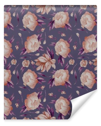 Seamless patterns. Decorative floral patterns - pink large flowers and buds with purple leaves on blue background. Watercolor. For design, decor, packaging, textiles, decor and wallpaper. Hand drawing