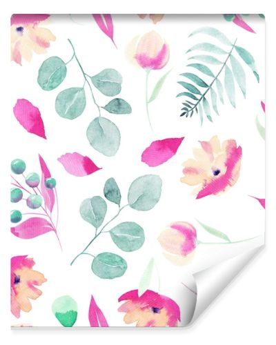 Watercolor spring pink wildflowers, berries, eucalyptus branches and leaves seamless pattern, hand painted on a white background