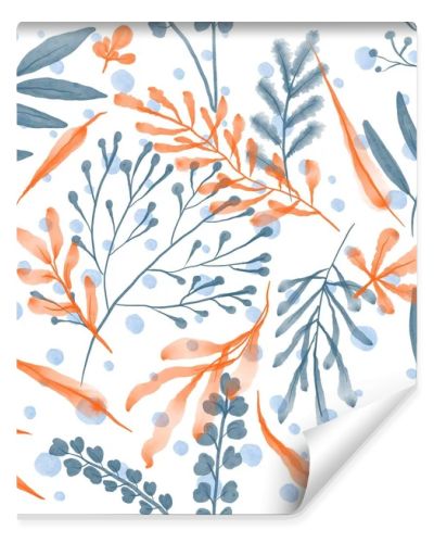 Seamless autumn pattern with hand drawn watercolor leaves and twigs