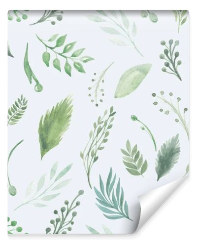 Seamless pattern of branches and leaves on a white background. Watercolor illustration boho greenery