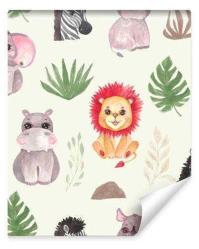 Seamless pattern Watercolor illustration set Safari baby animals Nursery decor Baby shower Tropical animals Elephant lion Zebra Rhino Hippo
