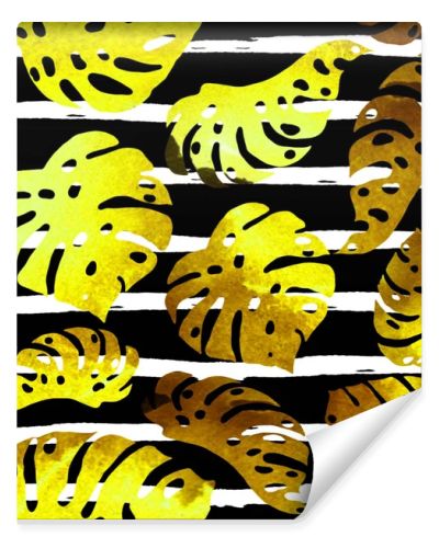 Tropical watercolor background with palm leaves, flowers. 