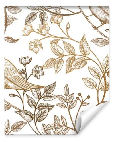 Seamless pattern with flowers and birds.