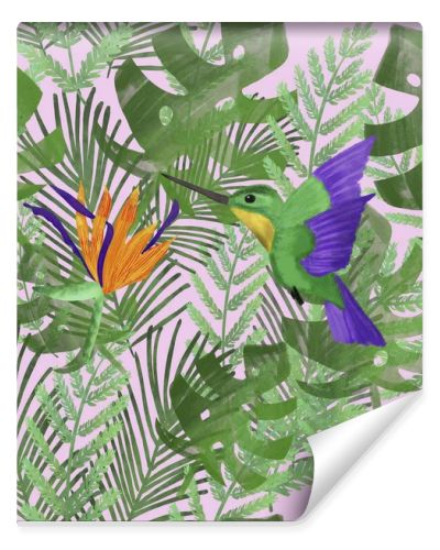 Seamless pattern with hummingbird, strelitzia on tropical leaves on pink background. Summer pattern. Print for umbrella, textile, fabric, packaging, wallpaper design