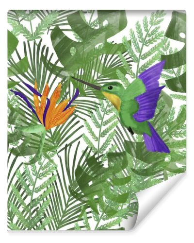 Hummingbird/colibri and orange strelitzia on tropical leaves. White background. Tropical summer print. Packaging, wallpaper, stationery, fabric, textile design
