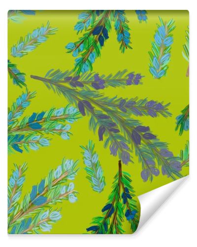 Watercolor rosemary branches, blue flowers and needles on neon green background. Seamless pattern. Cooking, spices, herbs, packaging, wallpaper, kitchen design