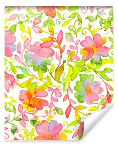 Happy and bright floral seamless pattern with hand drawn watercolor flowers and leaves