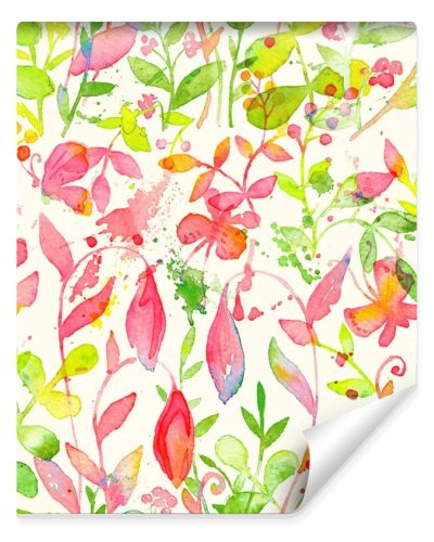 Happy and bright floral seamless pattern with hand drawn watercolor flowers and leaves
