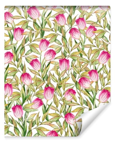 Seamless pattern with leaves and pink tulips flowers on dark background