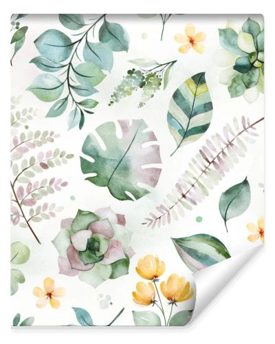 beautiful watercolor seamless pattern with succulent plants, fern leaves, branches and flowers isolated on white