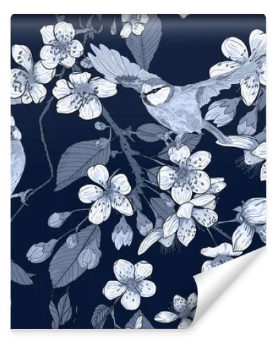 Seamless pattern with blooming flowers and blue titmouse. Bluish fabric, textile swatch. Blooming cherry, twigs and flying tit. Beautiful spring, summer composition. Dark, moody background.