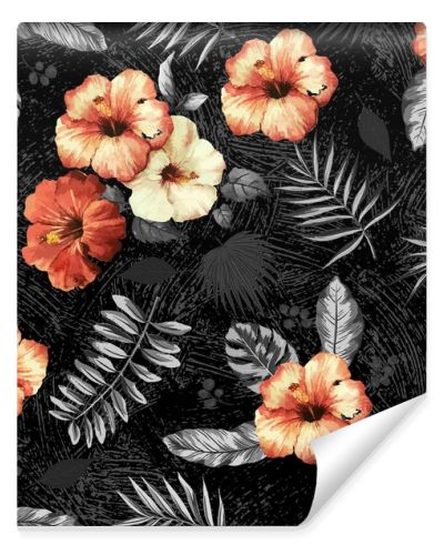 beautiful flower patternblack and white tropical leaf and colorred hibiscus flower design 