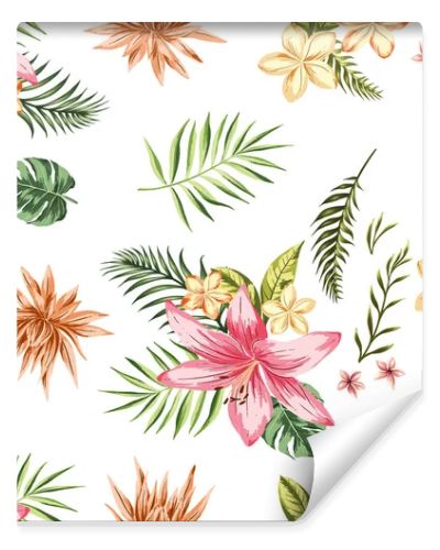 Beautiful seamless vector floral pattern, spring summer background with tropical flowers, leaves,leaf, hibiscus, bird of paradise flower.
