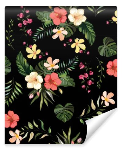 Floral tropical seamless pattern background with exotic flowers, jungle leaves, monstera leaf, orchid, bird of paradise flower black background