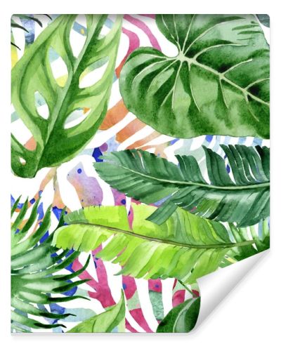 Exotic tropical hawaiian palm tree leaves. Watercolor background illustration set. Seamless background pattern. 