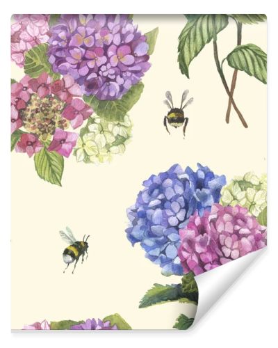 Watercolor hydragenia seamless pattern . Hand painted flowers with leaves and branch an