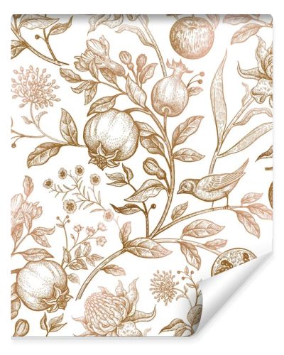 Exotic flowers, birds and fruits. Seamless vector floral pattern in style vintage luxury fabrics. Art vector illustration. Unusual template for design of textiles, paper, clothing, case phone cover
