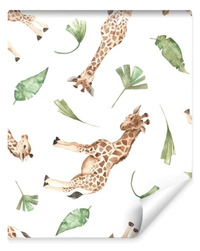 Cute giraffes and tropical leaves watercolor seamless multidirectional pattern 