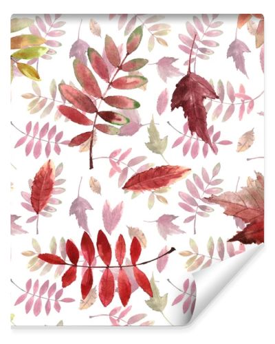Watercolor pattern with bright autumn leaves isolated on white background