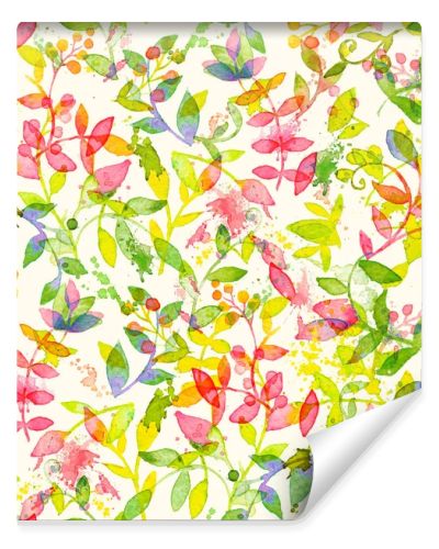 Happy and bright floral seamless pattern with hand drawn watercolor leaves amnd plants. Beautiful ornament for textile printing, wrapping paper, packaging etc