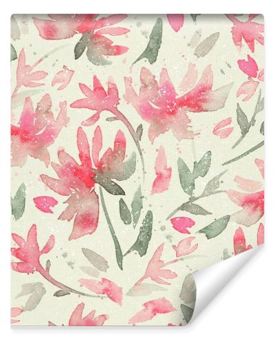 Hand drawn seamless pattern with watercolor loose flowers. Expressive floral background with abstract pink flowers and green leaves. Vintage background