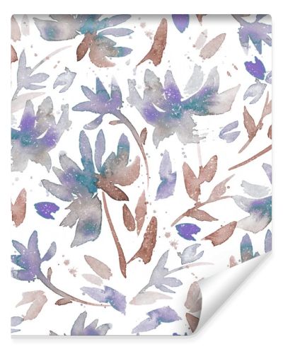 Hand drawn seamless pattern with watercolor loose flowers. Expressive floral background with abstract blue flowers and brown leaves on a white background. Vintage background