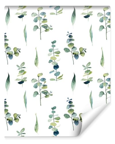 Seamless pattern with watercolor eucalyptus branches and green leaves, hand drawn illustration on white background