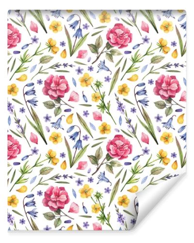 Wild flowers seamless pattern with hand-drawn floral illustrations. Bright rustic background. Floral illustration for wrapping paper, textile, decorations.