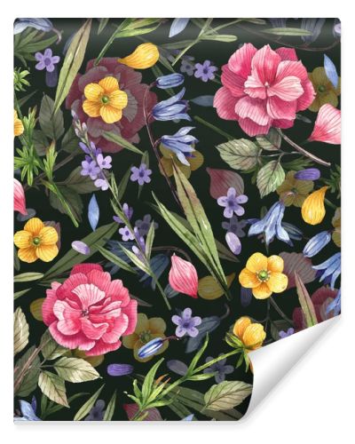 Watercolor floral seamless pattern with hand-drawn illustrations. Roses, buttercups, lavender, bluebells on a dark background. Floral illustration for wrapping paper, textile, decorations.